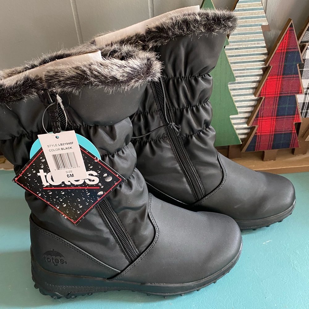 TOTES KIDS SIZE 6 BNWT BLACK WATERPROOF THERMO ZIP UP FUR LINED WINTER BOOTS